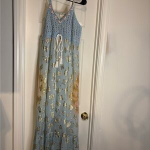 POL Light Blue Crotchet Mirror Embroidered Maxi Dress with Gold Foil Accents